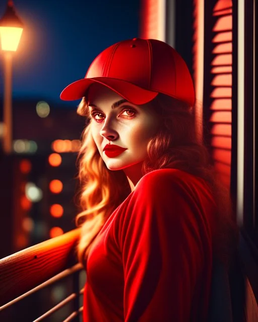 woman with a red baseball hat. leaning on a wooden balcony. night time. fantasy. studio lightining.