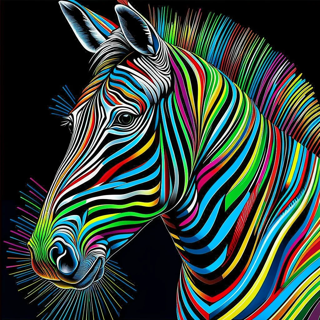 striking conceptual Op Art masterpiece by Heimo Zobernig, featuring intricate manipulation of vivid colorful stroke width and spacing to create a mesmerizing optical illusion of distorted vertical stripes. These stripes evoke a sense of depth and volume, serving as a captivating backdrop for the enigmatic, dark-fantasy inspired colorful zebra's head. The zebra head is rendered with a compelling blend of 3D rendering, photorealism, and painterly technique, exuding an air of