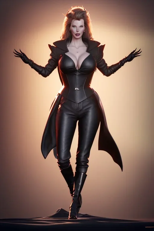 Kim Basinger as evil queen in black leather, busty, cleavage, curvy, angry, happy, stern look. character design by cory loftis, fenghua zhong, ryohei hase, ismail inceoglu and ruan jia. unreal engine 5, artistic lighting, highly detailed, photorealistic, fantasy