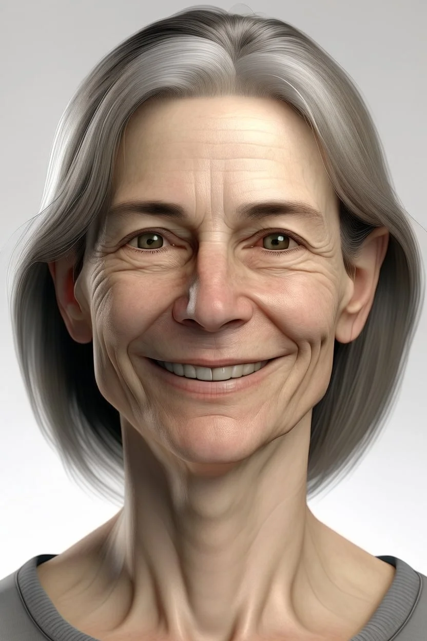 realistic, (49yr old female)without makeup, Caucasian beautiful face, 3/4 head position, dark hair, studio lighting, cinematic light, beautiful woman, milk beige middle hair, perfect anatomy, very cute smile, (head frame), on white background, 8k Resolution, human hands, curiously complete, elegant, close to perfection, dynamic, highly detailed, character sheet, concept art, smooth, non-symmetrical body a, detailed hairstyles and skin texture