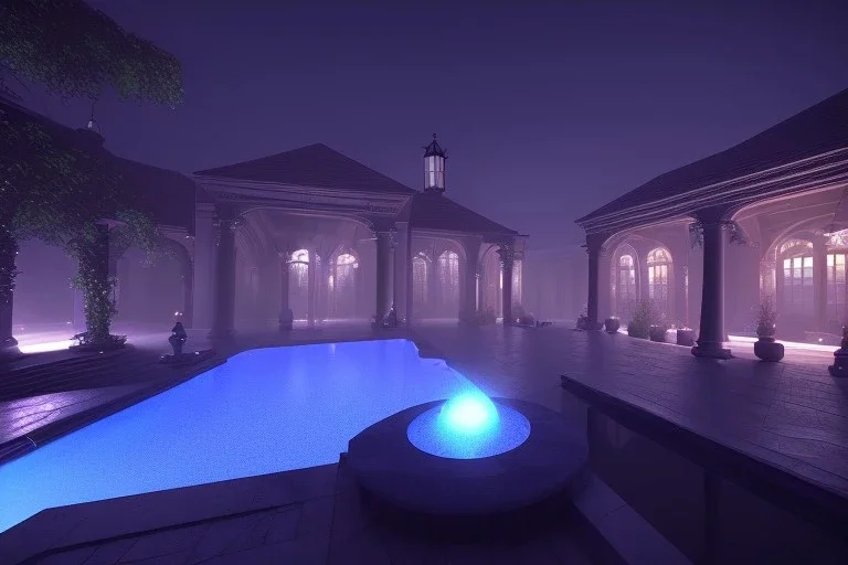  courtyard ,pool , night time , unity, scriptable render pipeline , lighting , volumetric , global illumination, fog ,blue emission , purple tone.