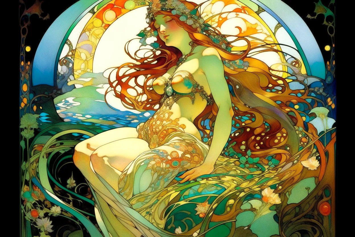 a beautiful mermaid with jewels elegant extremely detailed very attractive beautiful dynamic lighting colourful Alphonse Mucha