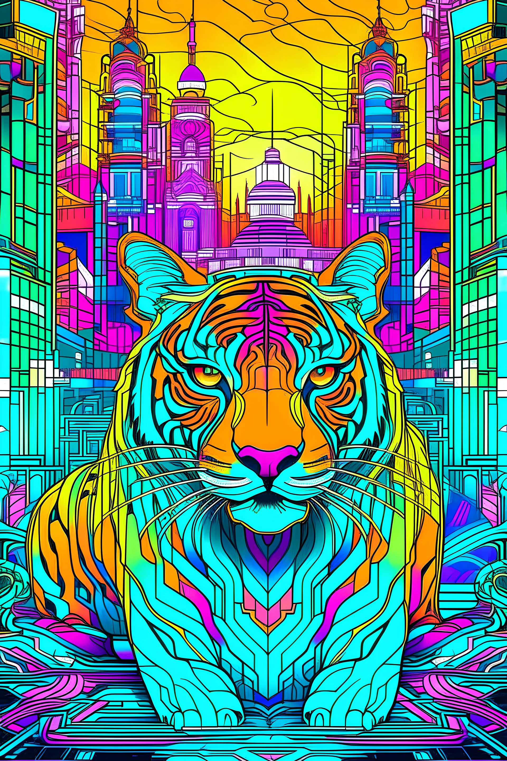 Design a coloring printable showcasing a Cybernetic Tiger in a neon city park, a cyberpunk haven. Integrate mandala elements for an artistic twist. Sketch style, full body, on a white background