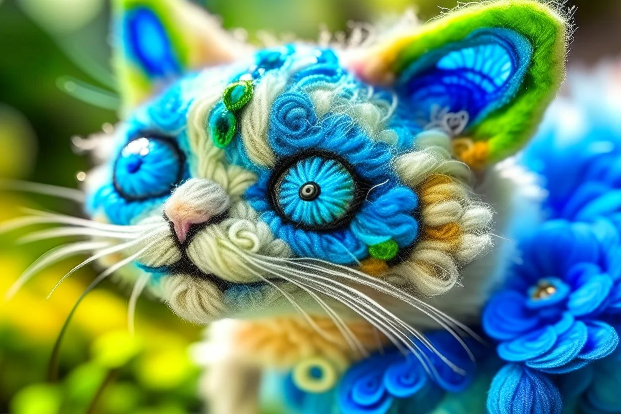 closeup, sharp focus, cute faced happy bioluminescent mohair fantasy steampunk animal cat creature, needle felt, big shiny blue eyes S<AI in sunshine, flower pattern background