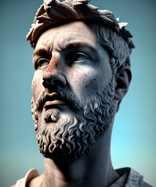 Ultra Realistic image, roman sculpture, marble deluxe material, Lionel Messi, Laurel leaves crown model, miguel angel style, chisel style, emperador, waist up portrait, cinematic lighting, God light, god rays, 4k resolution, smooth details, ornate details, soft lighting, unreal engine 5, soft cyan background.