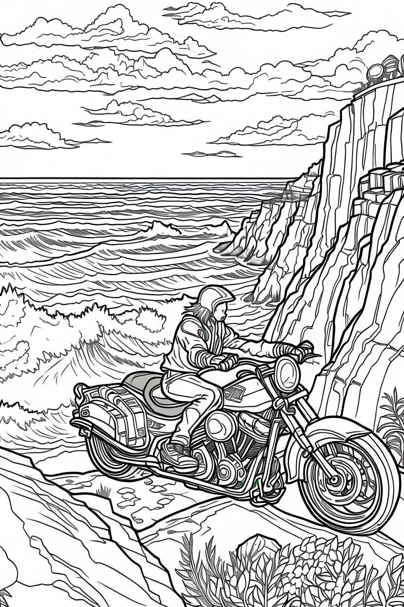 An eagle glides effortlessly over the immense, rugged grandeur of the Grand Riding a powerful motorcycle along a winding coastal road, the rider hugs the cliffs' edge, overlooking a tumultuous sea crashing onto jagged rocks. The sheer cliffs, relentless waves, and the motorcycle's speed highlight the exhilarating and powerful connection with the untamed coastal wilderness..coloring book page, simple and clean line art, adult drawing book, black and white, crisp black lines, no shades, sharp line