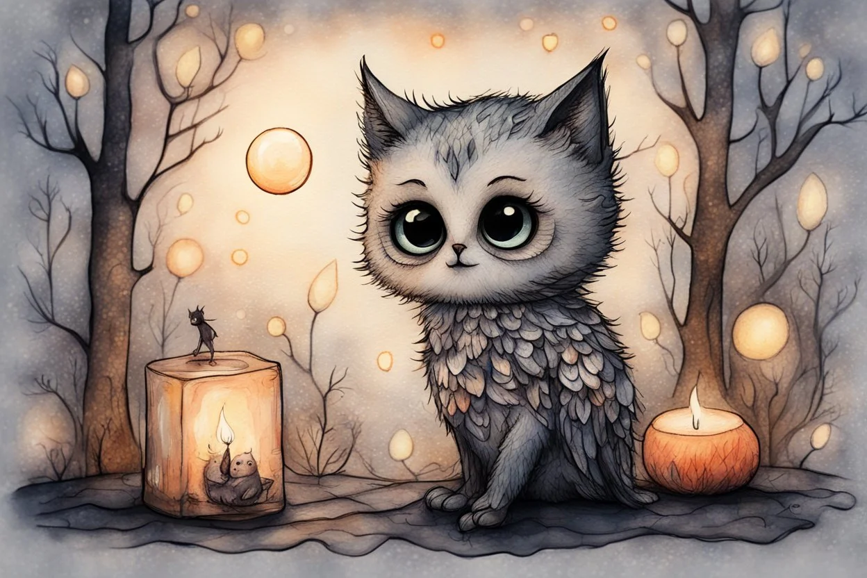 so much fluff, painted and burned burlap, moonlight, cute chibi kitten and owl, styles of Paul Klee Dee Nickerson and Tim Burton, melting watercolor and black ink outlines on wet paper, soft, shading strokes, in candlelight, ethereal, otherwordly, cinematic postprocessing, bokeh, dof, S<AI