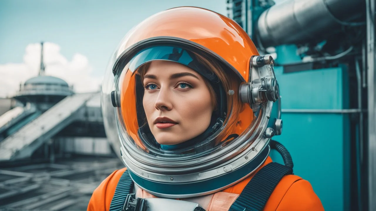 tangerine tango and ultramarine green color blocking, (sci-fi aesthetic:1.4), bright instagram LUT, shot of a (Danish 20 yo woman:1.2) retro-futuristic cosmonaut with a shy smile wearing a glass dome helmet and spacesuit with harness (with futuristic power plant in the background:1.2), skindentation, hourglass figure, waist cincher, on alien landscape with its surface covered in impact craters, valleys, plains and mountains, grey dust, a heavy rain storm, at sunrise, geometric gradients, sci-fi,