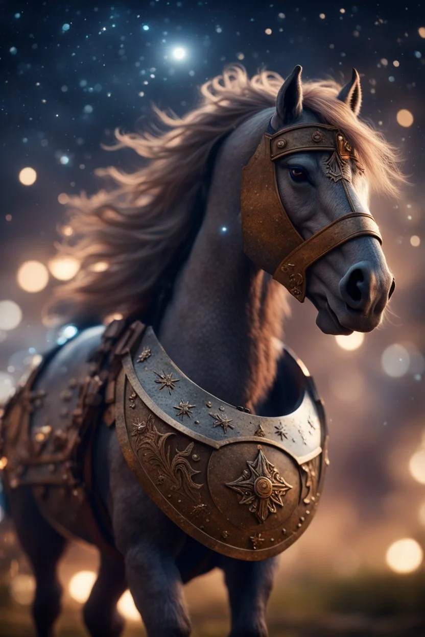 war horse, epic hero norseman with wild hair, short ears, and big holy ornamented shield Under stjerners gnist Vi går som ett, vår tro et løfte ,bokeh like f/0.8, tilt-shift lens 8k, high detail, smooth render, down-light, unreal engine, prize winning