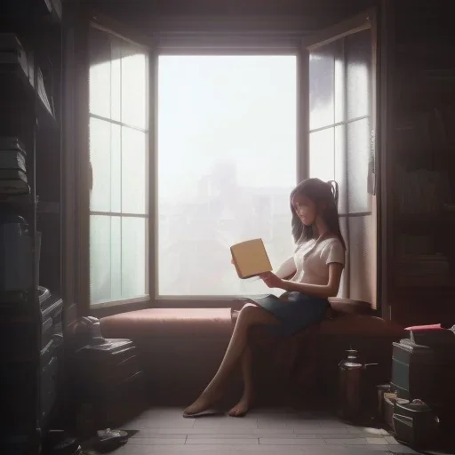 Study girl read a book in by the window, movie, real photo realistic, unreal engine, cinematic lighting --ar 1:1 creative