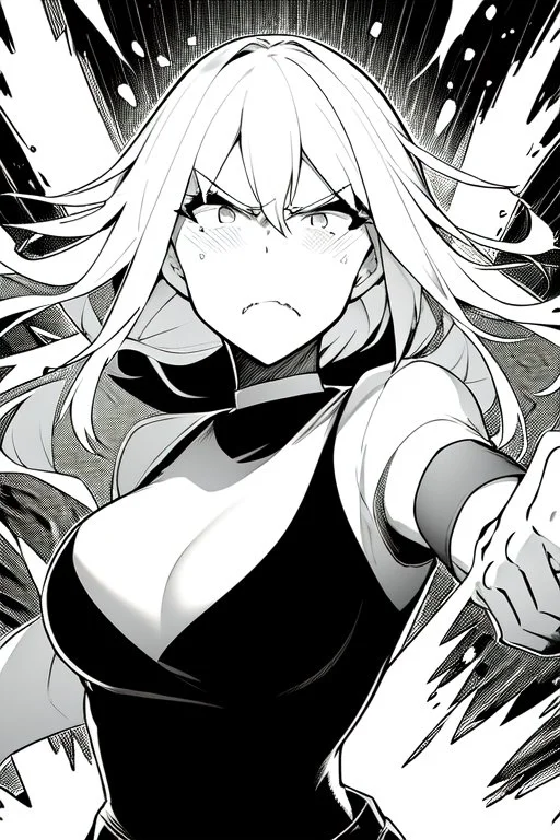 angry blonde girl, angry pose, greyscale