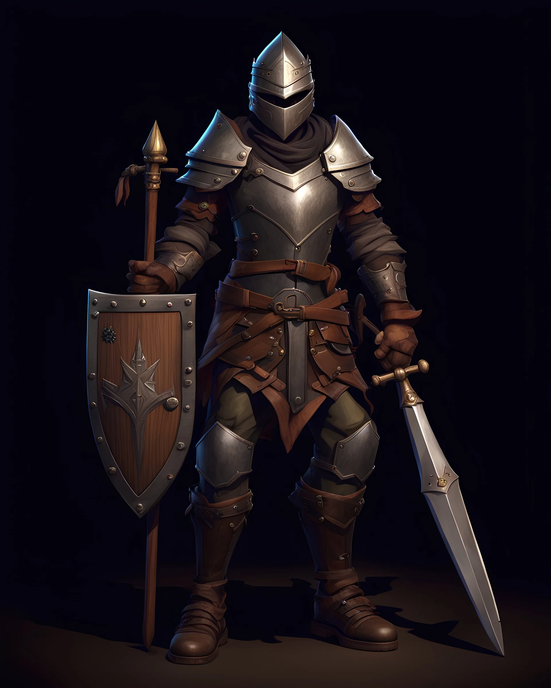 a character in a video game wearing a metal helm, leather armor, wooden shoes, mace, shield, magic bracelet, high quality, beautiful, detailed