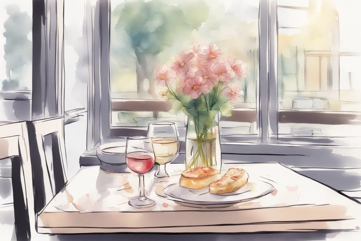 Anime, pixar, cute, table in a nice restaurant next to the window, meal, wine and flower on it, melting watercolor and black ink outlines on wet paper, soft, shading strokes, in sunshine, ethereal, otherwordly, cinematic postprocessing, bokeh, dof