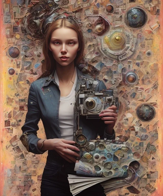 happy beautiful girl holding big proffesional camera in studio. street art, oil on canvas, spray paint, collage, letters, newspapeers, Dave McKean, Vladimir Fedotko, Saturno Butto, Vaughn Bodé, Frank Wu, James C. Christensen, collage, dirty, paint dripping, radiant