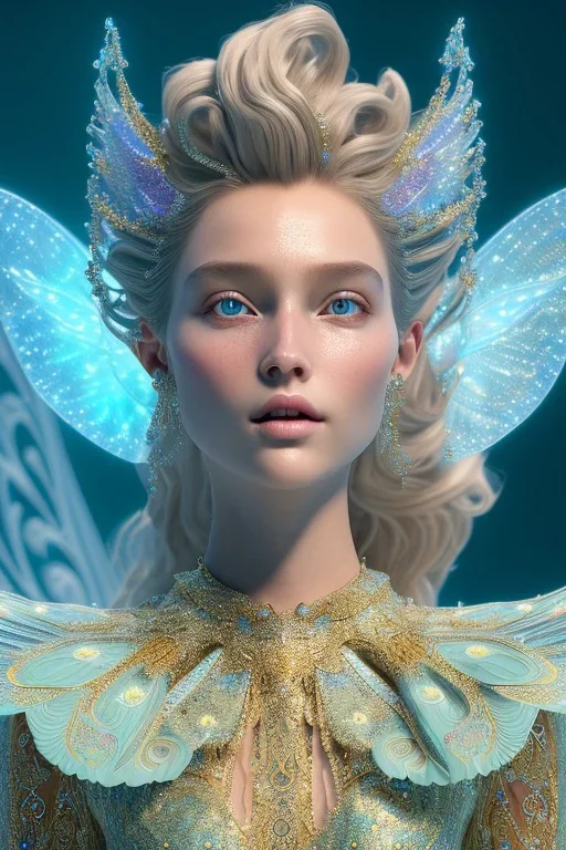 A portrait of a crystalline fairy, smile, mythical,fantasy , magnificent, majestic, highly intricate, Realistic photography, incredibly detailed, ultra high resolution, 8k, complex 3d render, cinema 4d