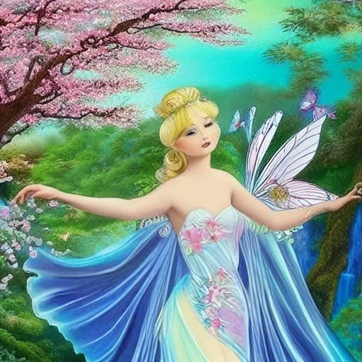 jolie féé blonde avec des ailes irisés et une robe de princesse entourée de cerisiers du japon et de cascade d'eau transparente et bleuté