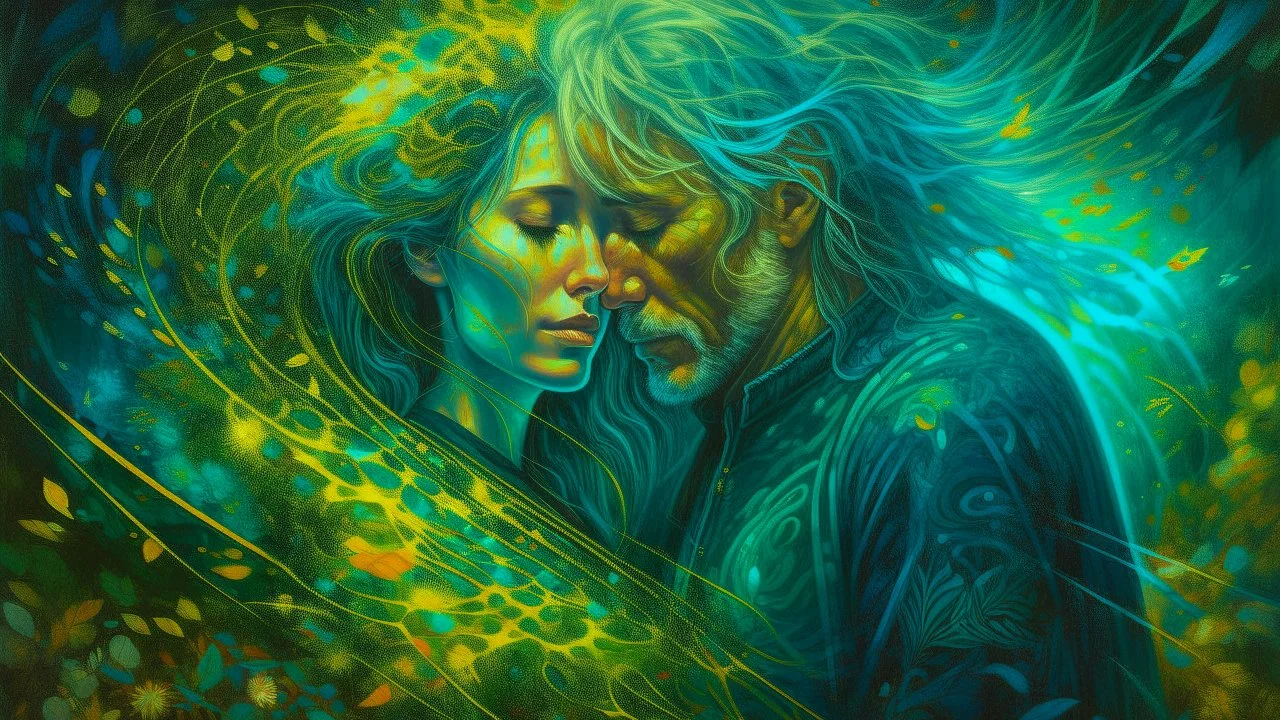 old worn layered canvas, Surrealism, Captivating realistic painting of a MAN, Medium ground, vibrant gold splashes, Multiple exposure, fluffiness, Their faces are BRIGHTLY LITTLE, his hair blends into swirling fractal vines and tree roots, dark green foliage, HE HUGS THE WOMAN, WINGS, Their faces are brightly lit, Flowing hair dissolves into intricate patterns of blue waterfall, Night-time tiny glowing fireflies, Set against a hazy ethereal background, Flashes, Space, Gold fragments, Gold partic