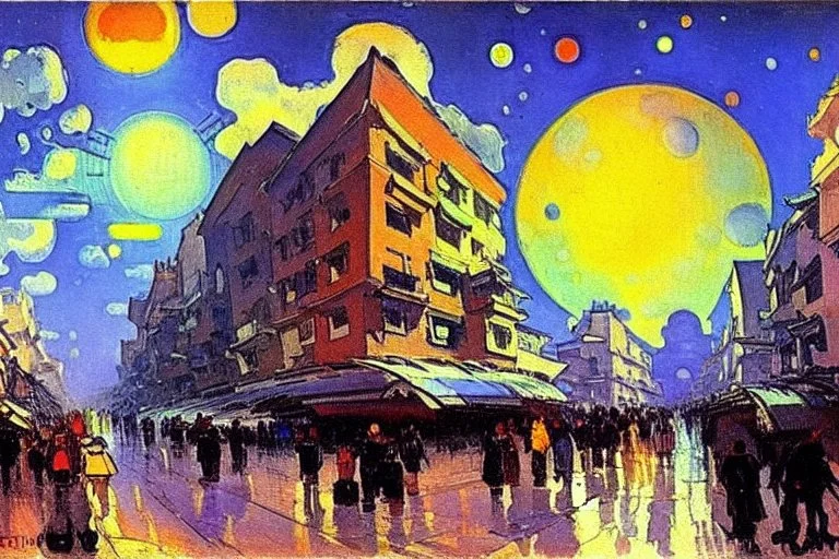 Epic futuristic street, exoplanet in the sky, konstantin korovin impressionism painting