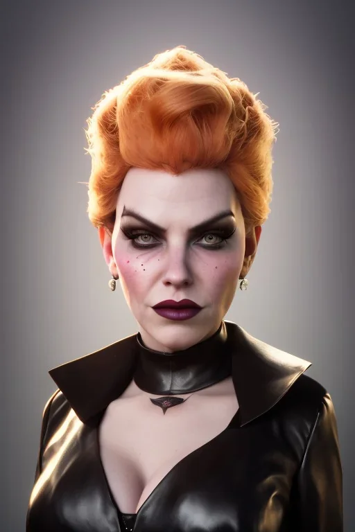 Hannah Waddingham as evil queen in black leather, busty, cleavage, voluptous, rebecca Welton, angry, stern look. character design by cory loftis, fenghua zhong, ryohei hase, ismail inceoglu and ruan jia. unreal engine 5, artistic lighting, highly detailed, photorealistic, fantasy