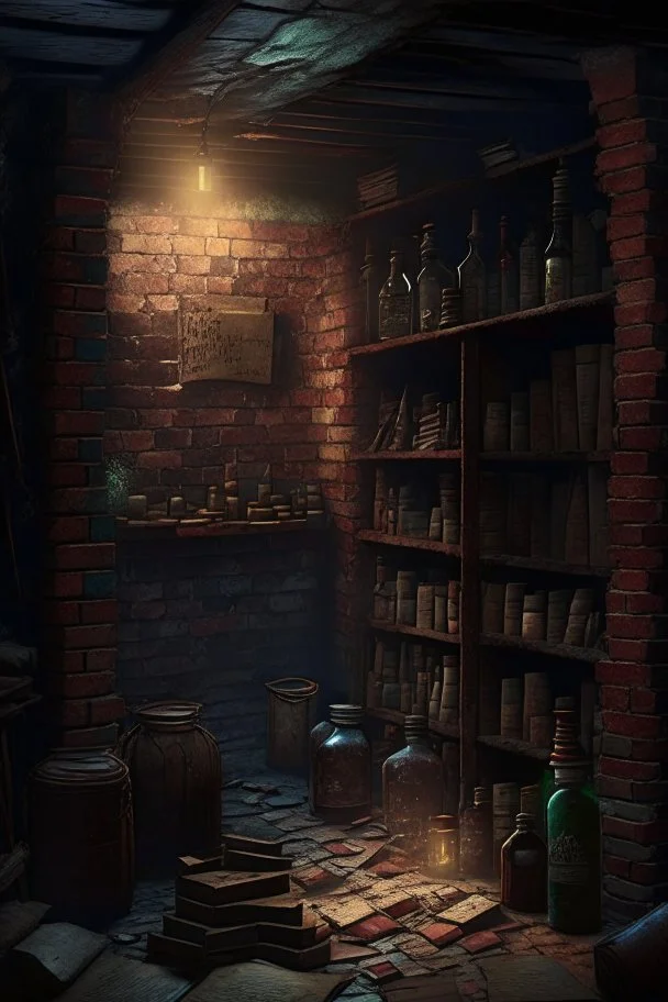 A dark, dingy brick dungeon, with a small hanging shelf holding six vintage bottles of various sizes, and books scattered on the floor