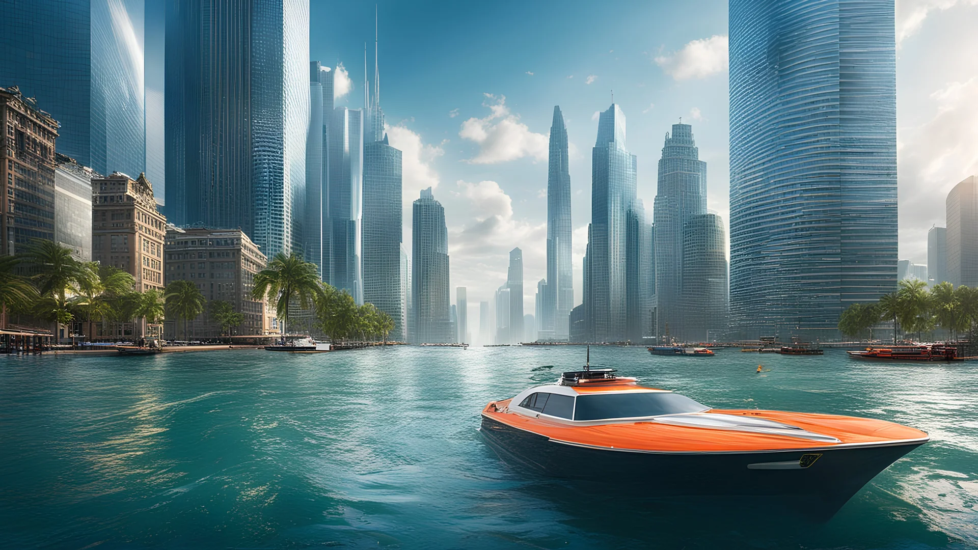 Climate change. A modern city partially submerged under rising sea levels. Skyscrapers emerge from the water, while streets and lower buildings are completely inundated. Boats navigate where cars once drove, and people wade through knee-deep water. Beautiful award-winning photograph, inspiring, rule of thirds, balanced delightful composition, perfect lighting, superb detail, 16k render