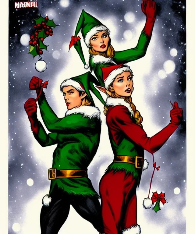 two elves. woman and man. stand apart. Christmas scene. poster. marvel comic.