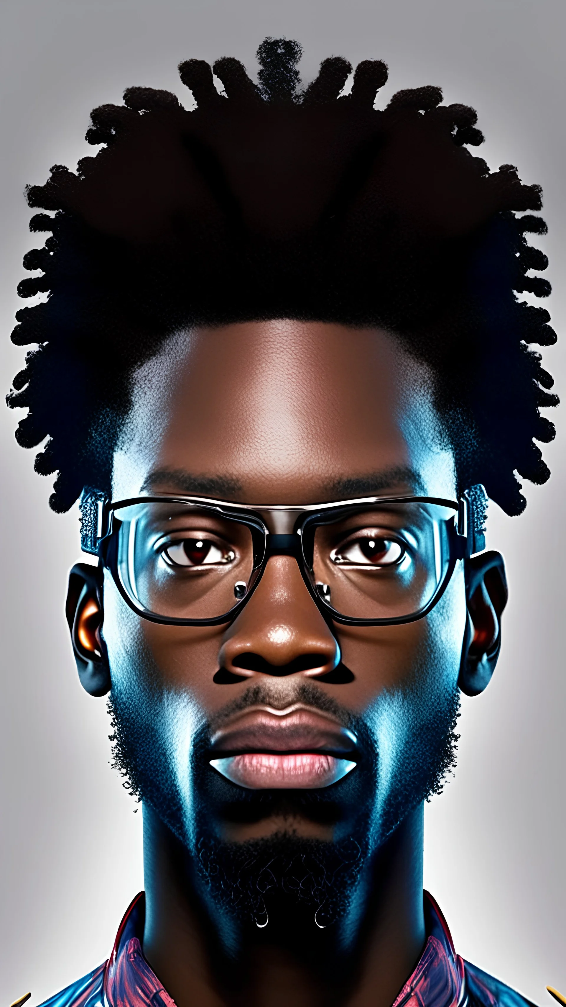 draw a hyper realistic Afrofuturistic man with augmented reality glasses on half body photo