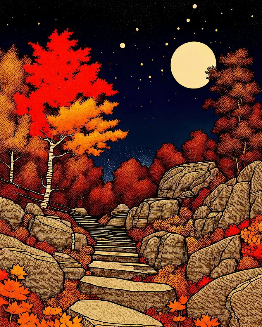 Autumn colors, peaceful, Egon Schiele, Max Ernst, night sky filled with galaxies and stars, rocks, trees, flowers, one-line drawing, sharp focus, 8k, deep 3d field, intricate, ornate, one million strokes