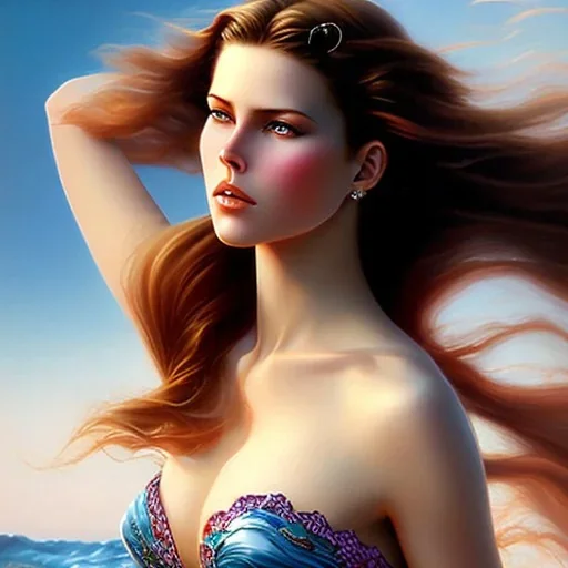 Woman in the Wind by the Sea, airbrush painting by Julie Bell, zbrush central contest winner