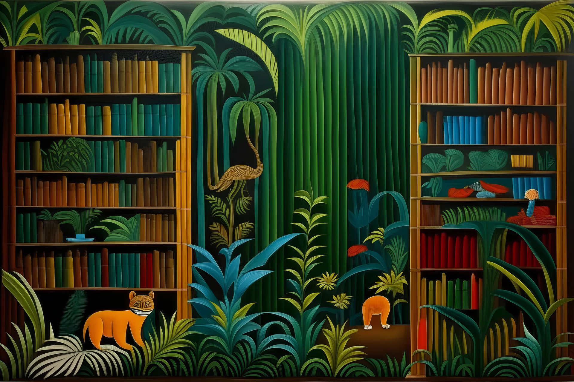 A library in a jungle made out of Navajo yarn painted by Henri Rousseau