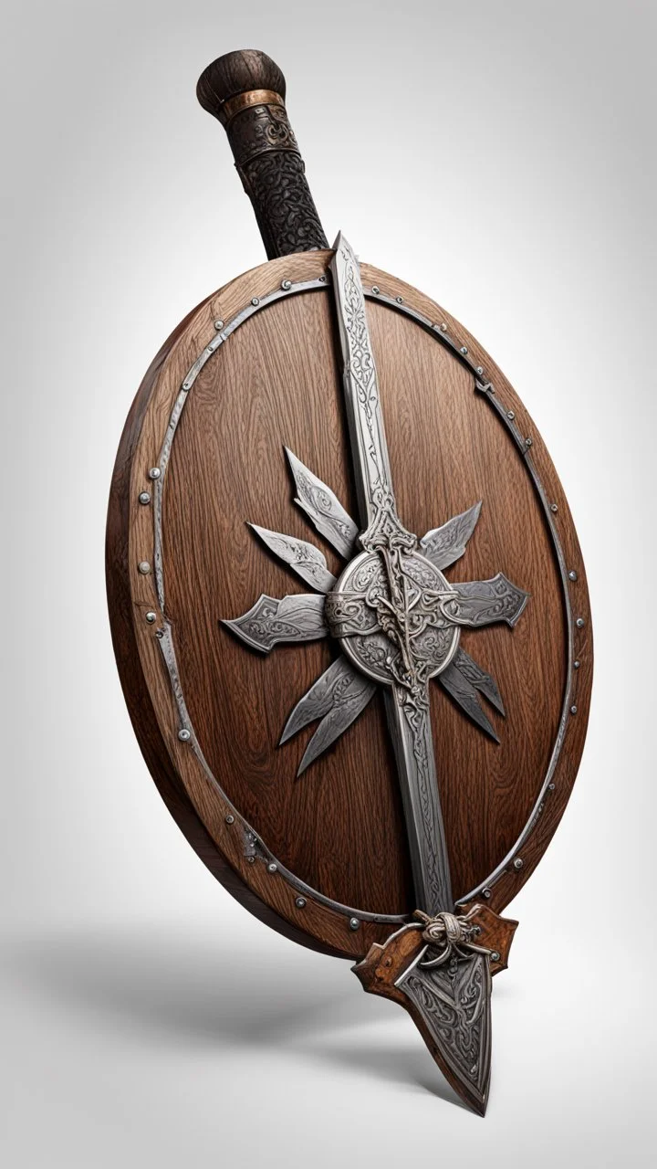 round wooden battered shield with a metal rim, laying on the floor, with a sword on one side, and a bow on the other, white background