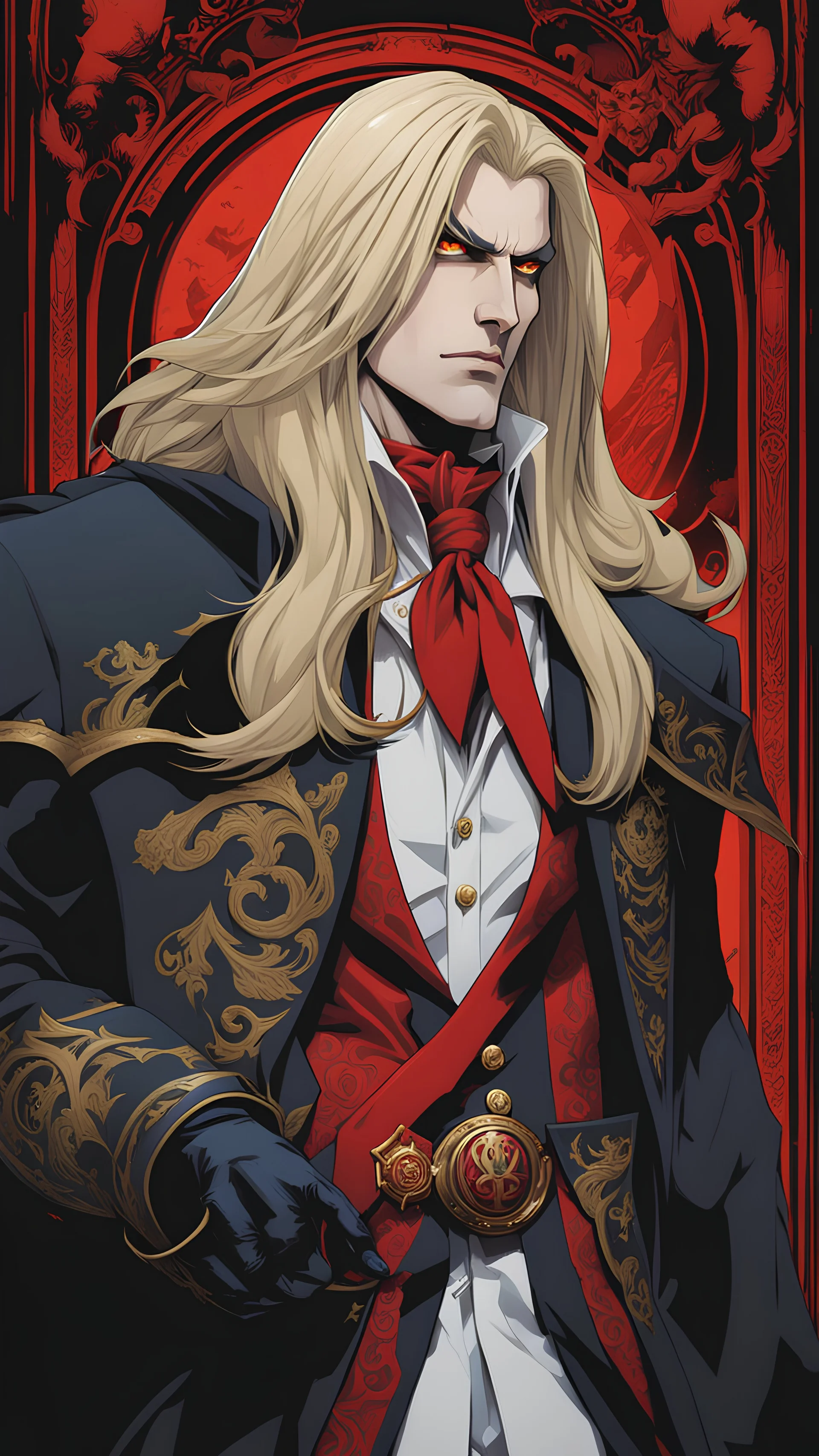 Highly detailed portrait of Alucard from Castlevania: Symphony of the Night, by Loish, by Bryan Lee O'Malley, by Cliff Chiang, by Greg Rutkowski, inspired by Jojo's Bizzare Adventure, inspired by Shōnen Jump, inspired by Hellsing, inspired by Vampire Hunter D