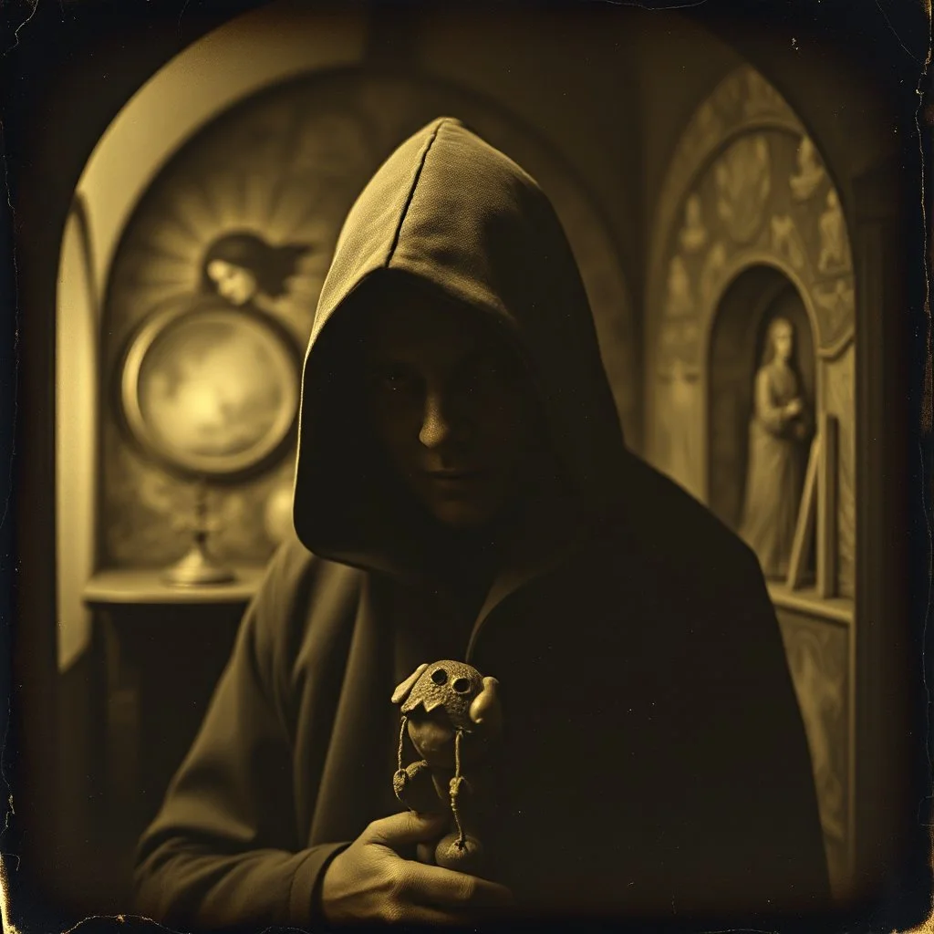 Daguerrotype, close-up, mysterious figure, odd background, Hieronymus Bosch, room, Max Ernst, ambient light, by Minicavio Quollati and Marlost Endgulp, exoteric, mystic, Amano, Botticelli, Hieronymus Bosch, Alphonse Mucha