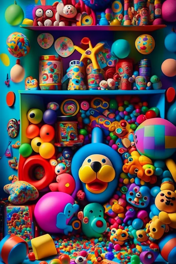 A (((vibrant showcase))) overflowing with an array of colorful ((toys)) that perfectly capture the exuberance of childhood fun