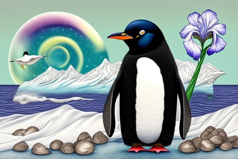 One single mature penguin, friendly, riding on a bike, perfect iris, perfect eyes, model style, hyper realistic, extremely accurate, delicate, extremely detailed, Graphic novel style, colours, wide-angle, open aperture, superfine pencil