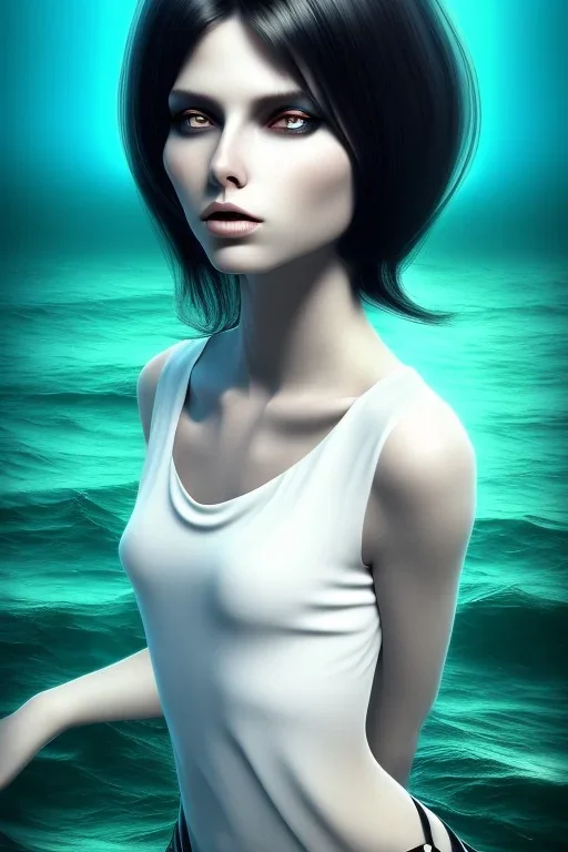 black hair muse with white top in the ocean