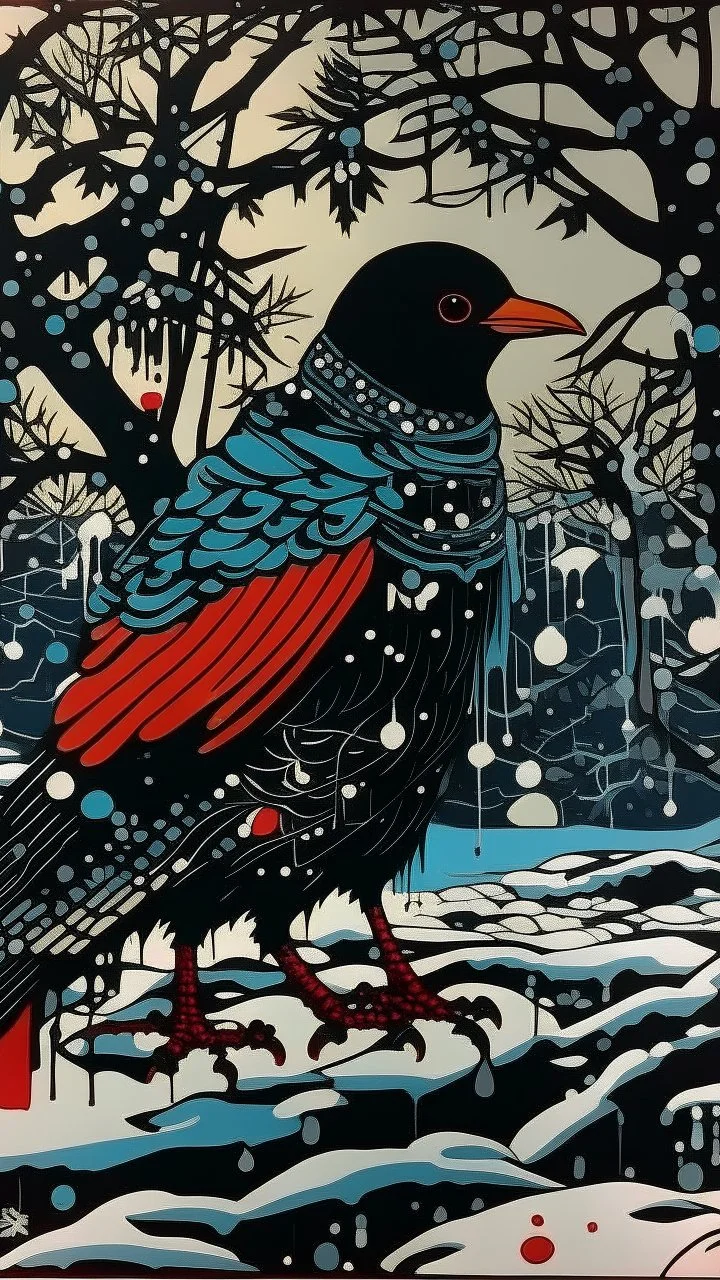 A contemporary serigraphy by Matisse and Kunisada of a human-like crow adorned in a punk leather jacket within a snowy Christmas atmosphere.