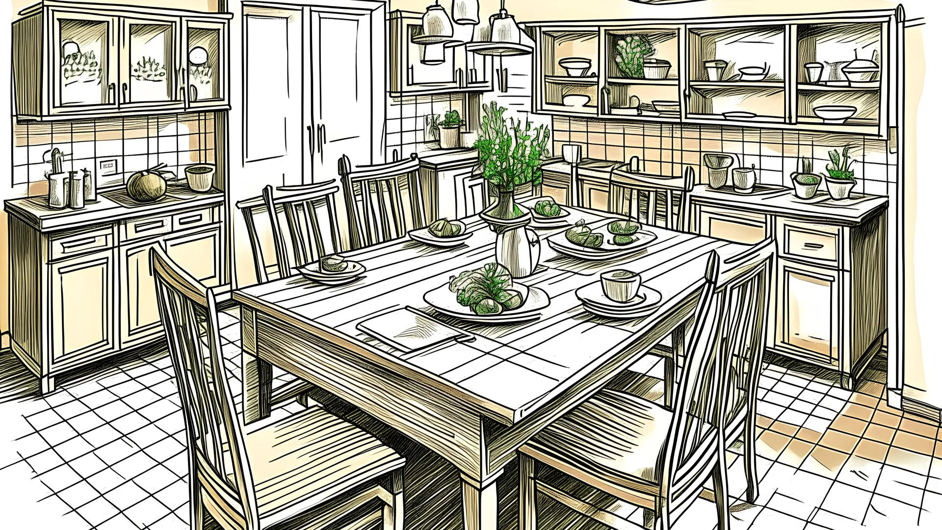 hand drawn illustration of kitchen within dining table