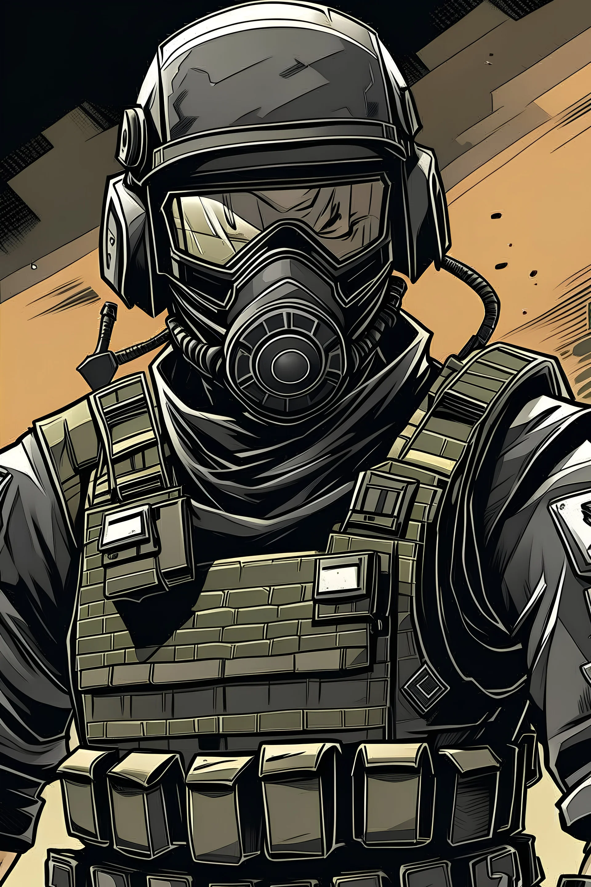 a man in black tactical gear and body armor with a ballistic helmet tinted goggles and a balaclava, drawn in a comic book style.