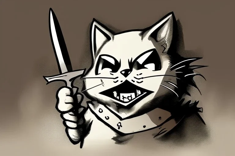 Cat diabolical smiling with a bloody knife with blood. Comic style