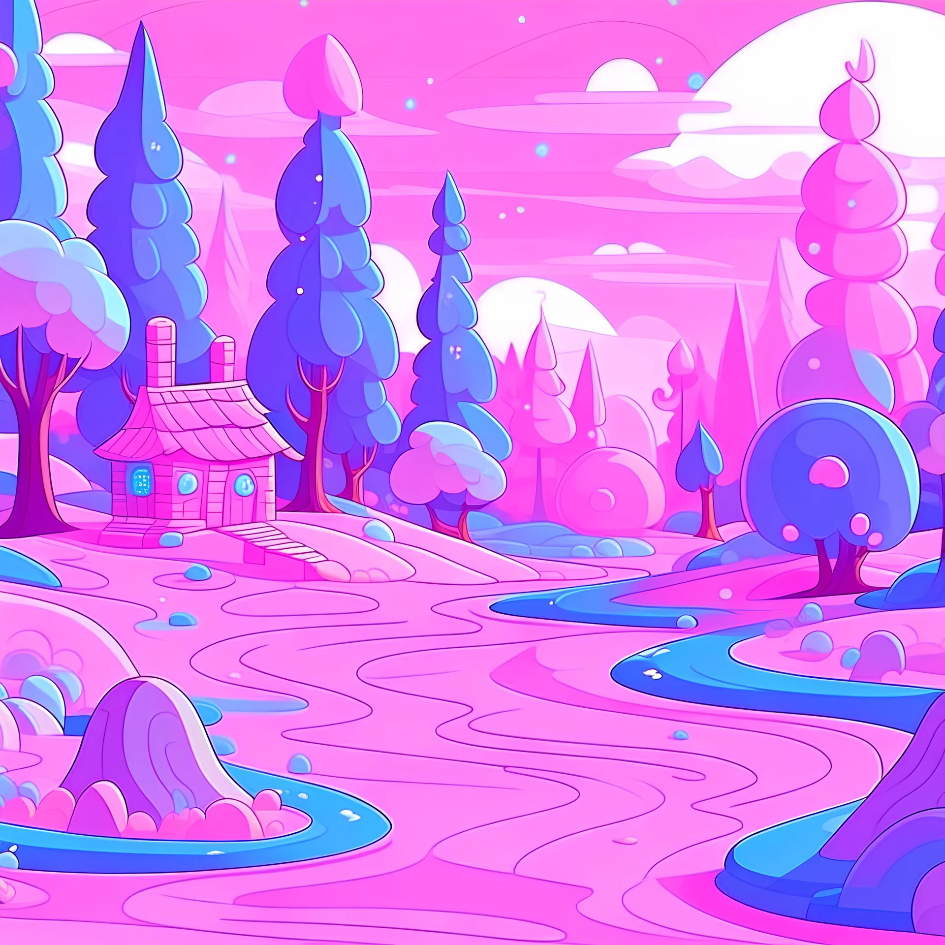 Pink and purple pastel cartoon forest with a cabin