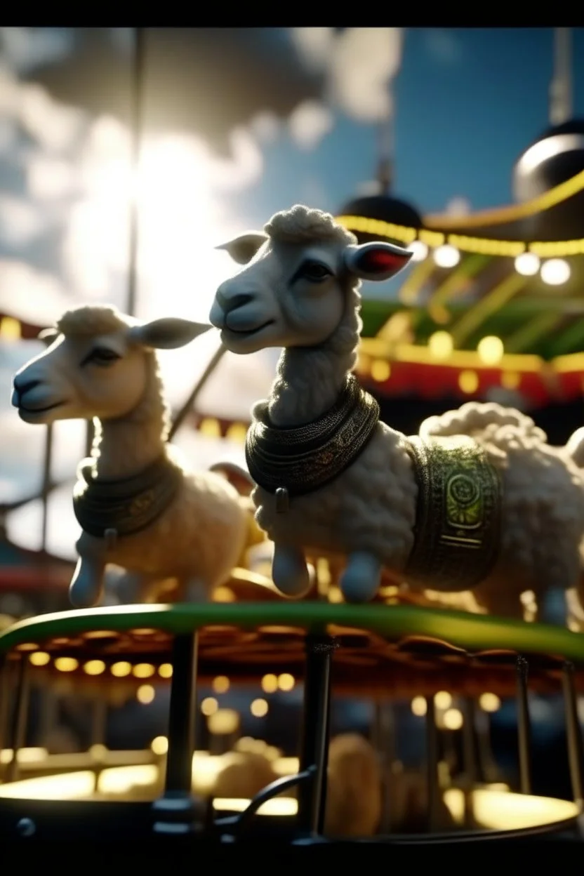 zoom shot on sheep ghosts with sun glasses on a carousel on a factory roof in storm, bokeh like f/0.8, tilt-shift lens 8k, high detail, smooth render, down-light, unreal engine, prize winning, in the style of fallout 4 and gta 4