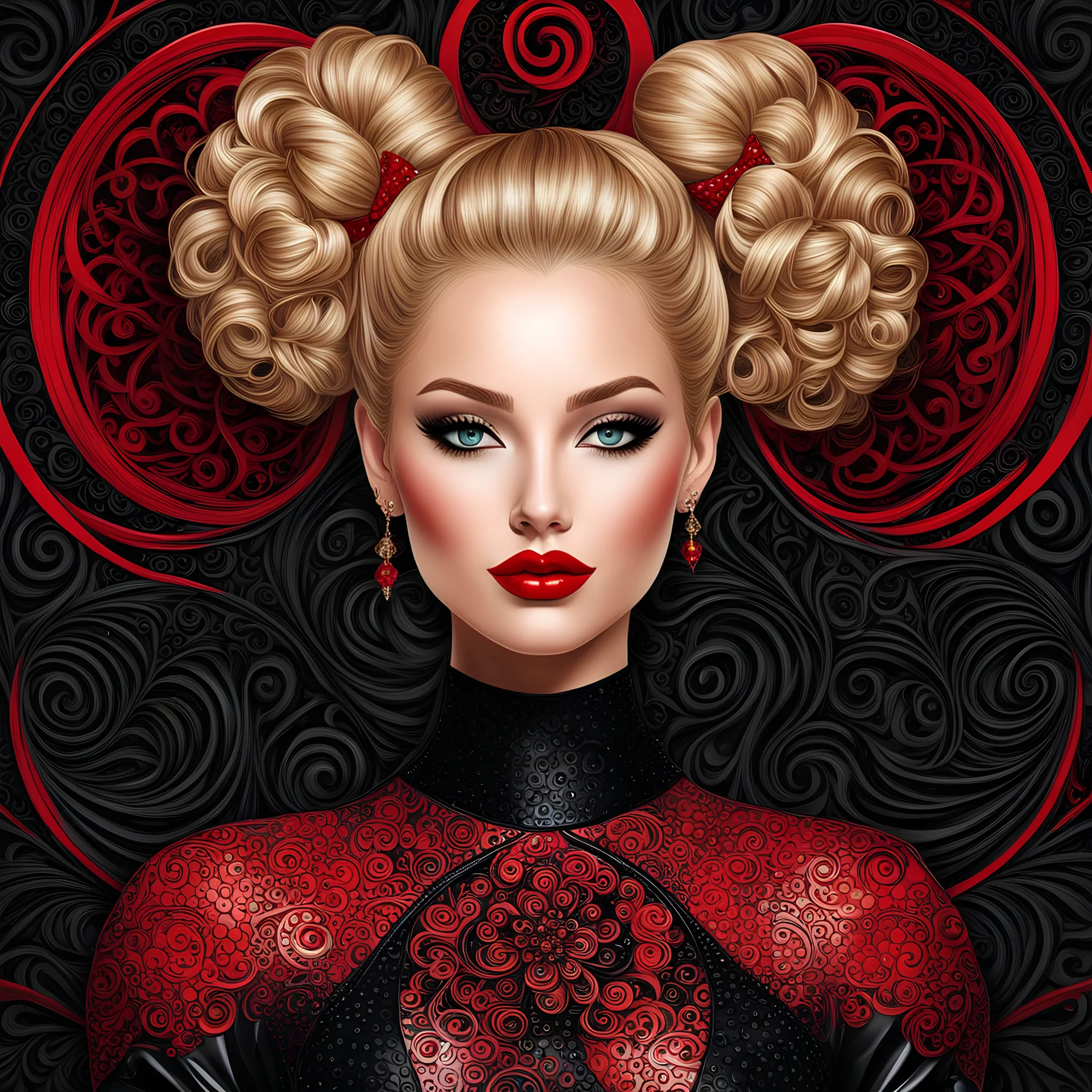 "full body portrait in close up of Pretty woman , pretty eyes, red lips, blond curly hair with bun, black shiny latex dress, black red complex background ,intricate swirls, tiny circles,, , vector fractal, wave function, Zentangle, 3d shading)"