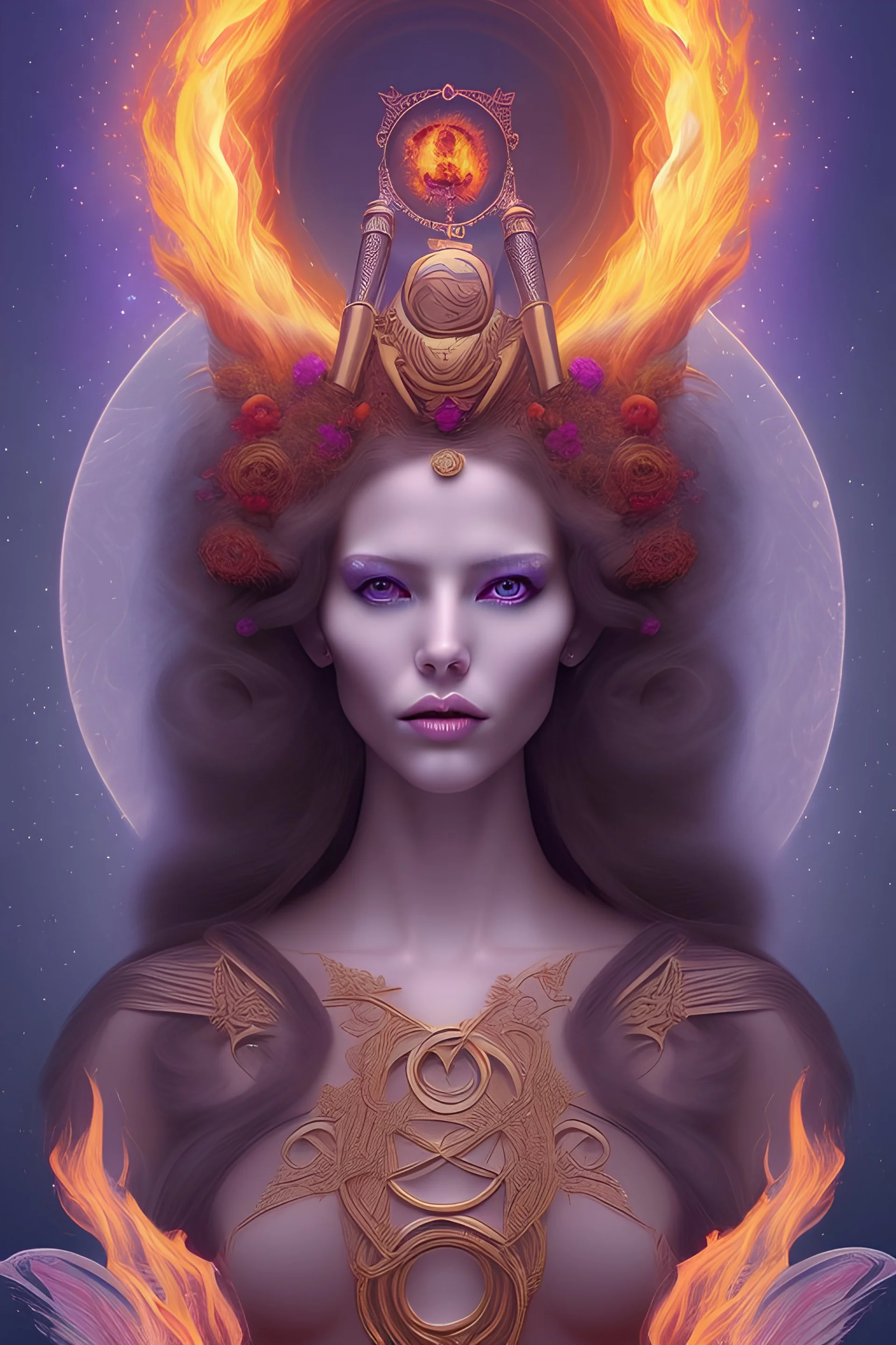 Create an image of a Wiccan Mayday Goddess. The goddess should be depicted as a beautiful and powerful figure, surrounded by symbols of the element of fire. Her hair should be long and flowing, and she should be dressed in a flowing gown or robe. In the background, include imagery of flowers, greenery, and perhaps a bonfire or other symbols of the Beltane celebration. The image should evoke a sense of joy, celebration, and spiritual connection to nature.