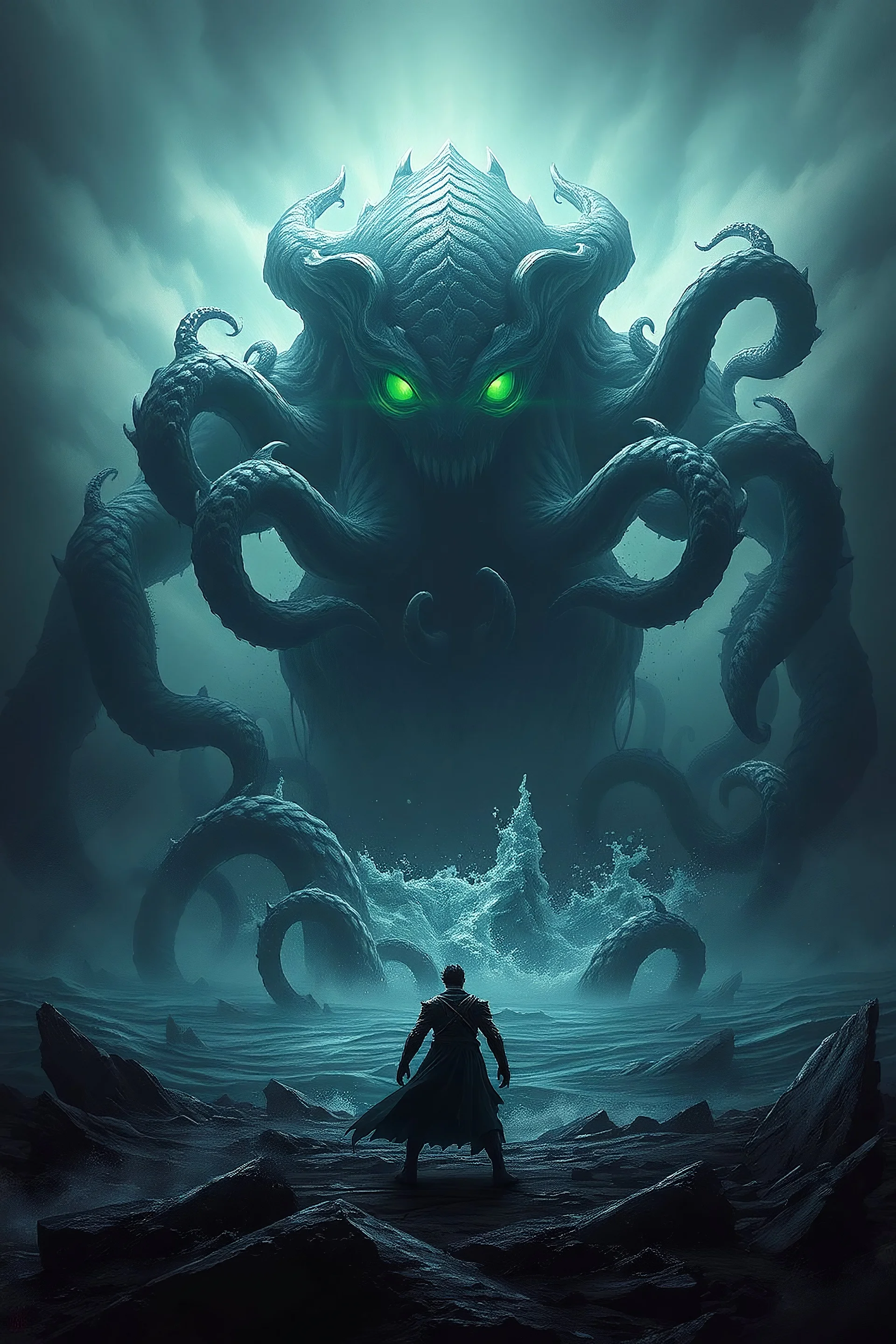 Create image depicts a dark, dystopian landscape engulfed by a colossal, monstrous entity rising from a chaotic sea. The massive creature, with glowing green eyes and numerous tentacles, looms menacingly over the scene, creating an apocalyptic atmosphere. Its many sharp claws and writhing tendrils emerge from the ocean, symbolizing unstoppable destruction. In the foreground, a humanoid figure stands defiantly amidst the chaos, appearing to battle the monstrous force. This figure is clad in alie