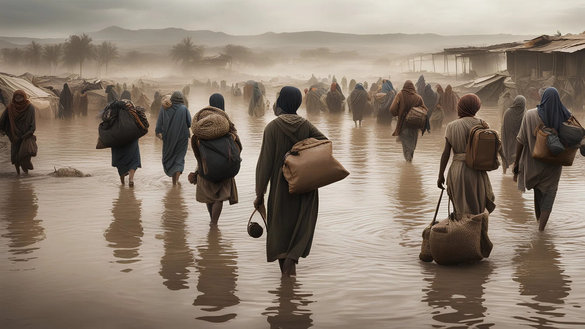 Climate change. A crowd of climate refugees carrying their belongings, trudging through a flooded area or a desolate, dry landscape. Faces show exhaustion and despair as they seek refuge from their devastated homes. Beautiful award-winning photograph, shocking, rule of thirds, balanced delightful composition, perfect lighting, superb detail, 16k render