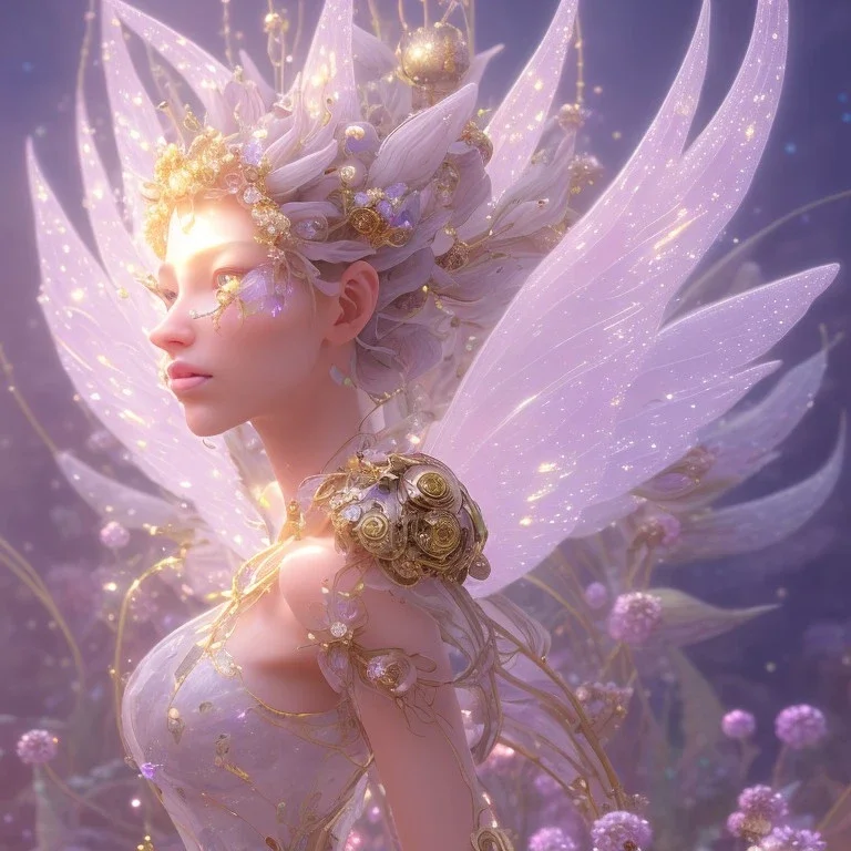 one big crystal subtle flower in a galactic ambiance with a beautiful fairy, transparent petals, delicate colors, in the foreground, full of details, smooth，soft light atmosphere, light effect，vaporwave colorful, concept art, smooth, extremely sharp detail, finely tuned detail, ultra high definition, 8 k, unreal engine 5, ultra sharp focus