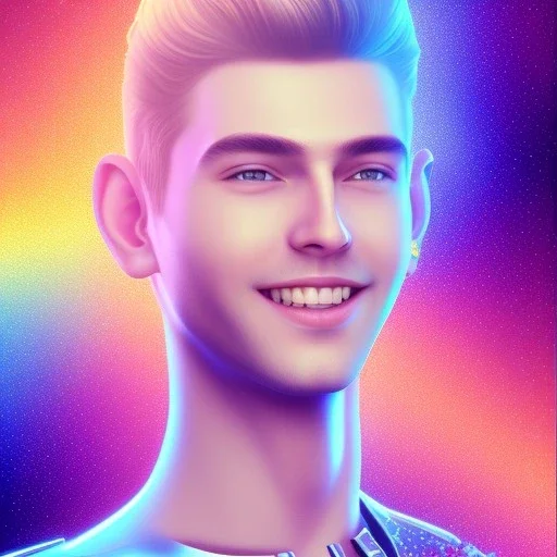 full body photo of smiling feminine pretty 19 year old boy wearing a star wars shirt, with rainbow glitter eye make-up, flat chest, pronounced adam's apples, short and long pink hair, no body hair, no tattoos, lgbt, transgender, highly detailed, photo realistic, plain background, still shot, photo realism, full body photo, 8k high resolution, high detail, --ar 2:3 --v 4