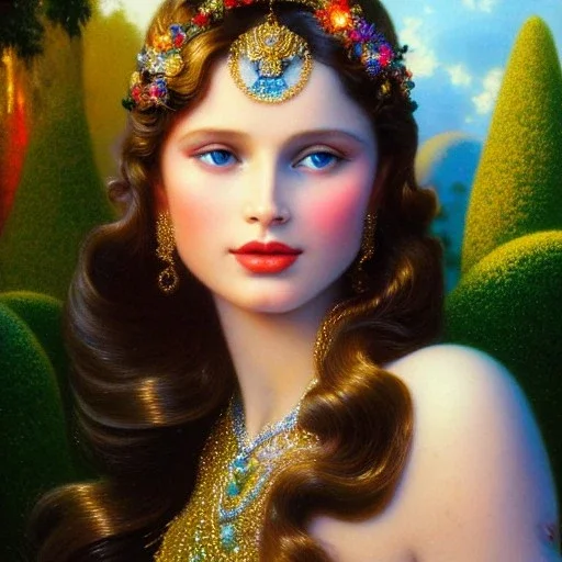 hyperdetailed oil on canvas, young Georgina Chapman by a temple fountain, beautiful, detailed face, long dark hair, surrounded by luminous colorful sparkles, airbrush, depth of field, Octane Render, by Gaspar Camps, Maxfield Parrish, Alphonse Mucha, Cyril Rolando, volumetric lighting, dusk, 16k