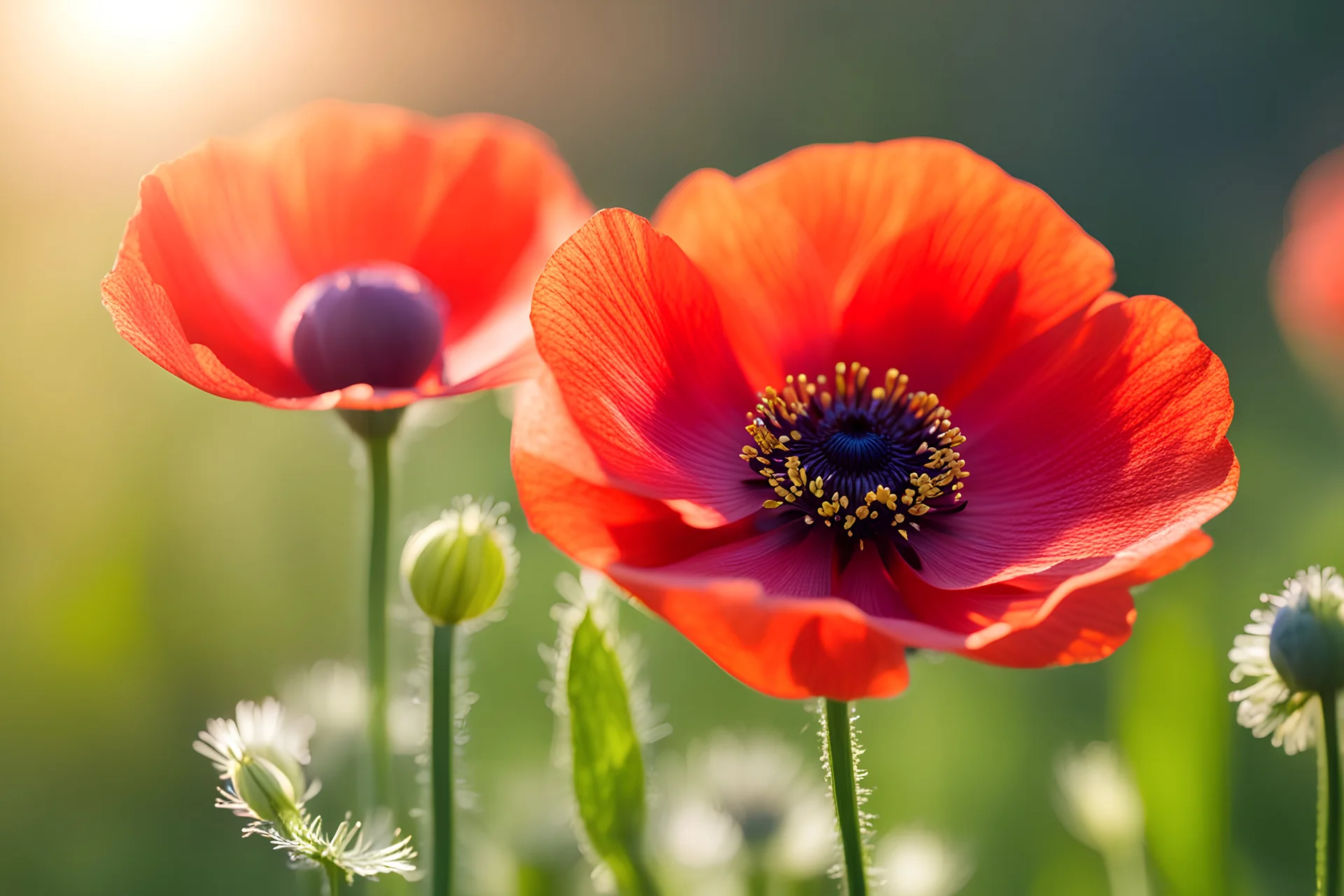 Beautiful poppy flower red red on the spring and beautiful little flowers arraund sunny morning indirect sun ray on, Miki Asai Macro photography, entire but close-up, hyper detailed, trending on artstation, sharp focus, studio photo, intricate details, highly detailed,